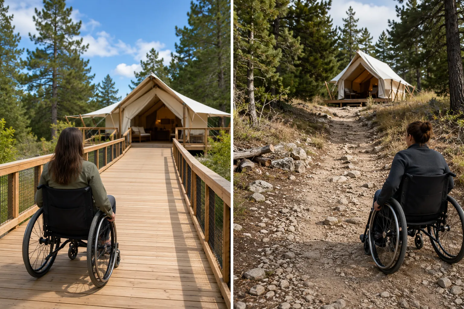 Comparison of a level wooden boardwalk and a loose gravel path leading to glamping tents