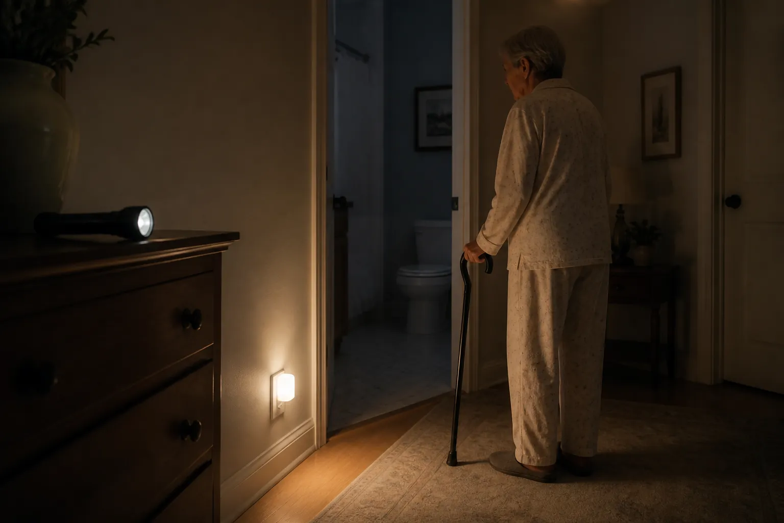 A dim hallway at night with a night light, an older adult with a cane near a bathroom doorway, and a flashlight on a dresser