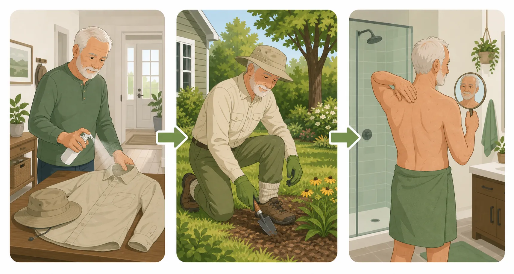 Illustration of an older adult using repellent before gardening, wearing protective clothing outdoors, and checking for ticks with a mirror after showering