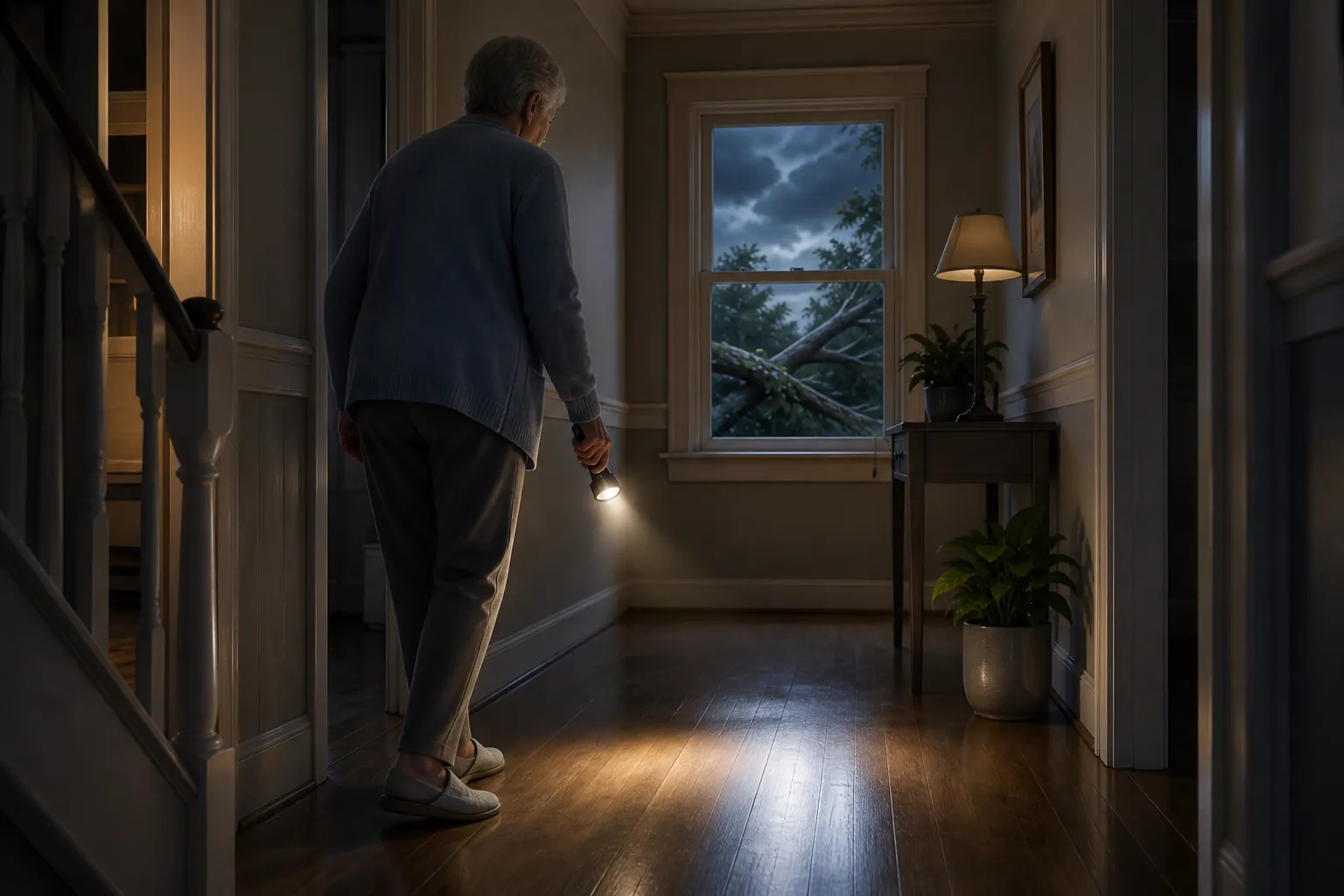 Older adult walking carefully through a dim hallway with a flashlight after a storm