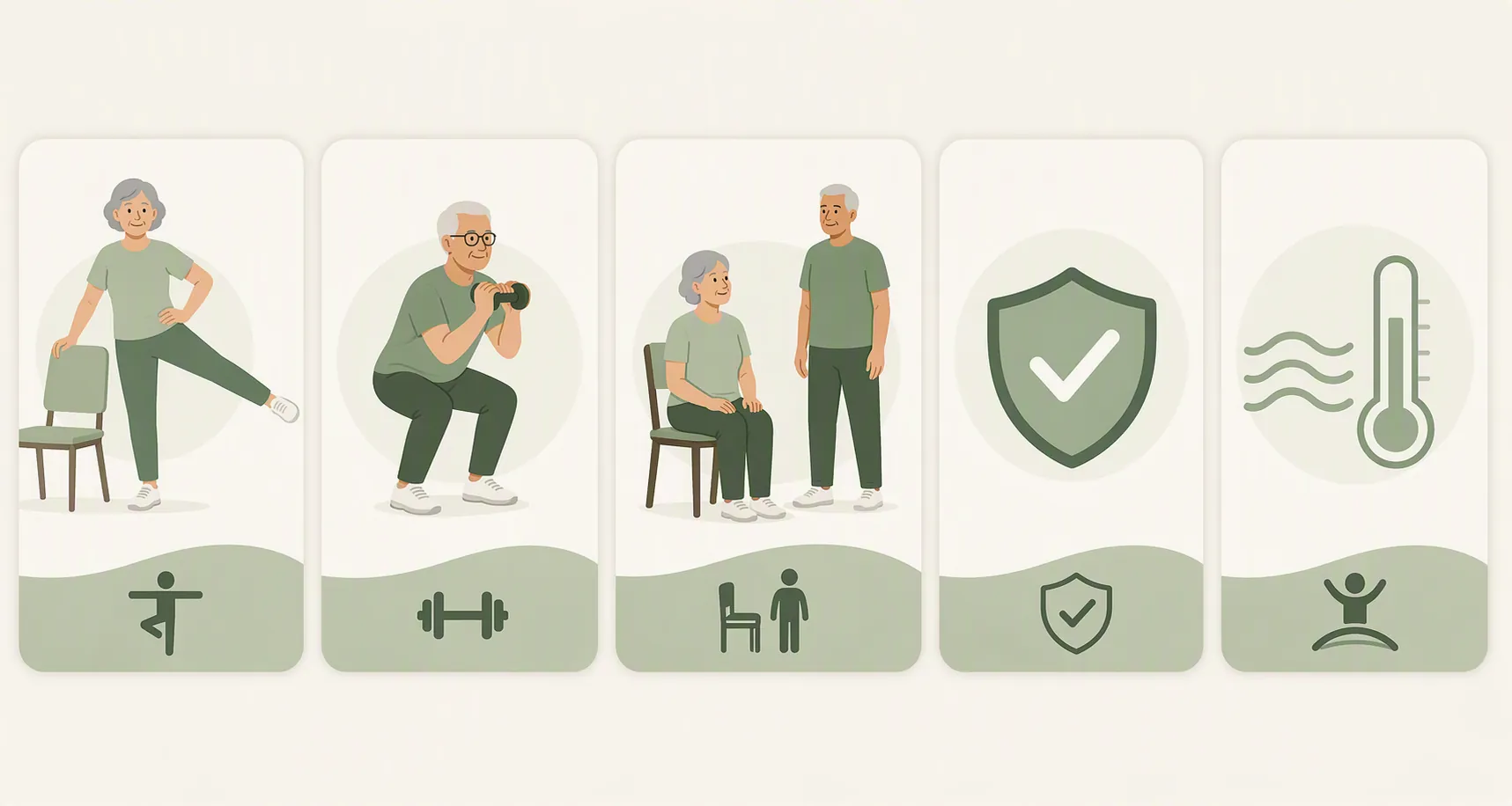 Illustrated screening checklist for senior exercise videos showing balance, strength, seated and standing options, safety, and gentle pacing