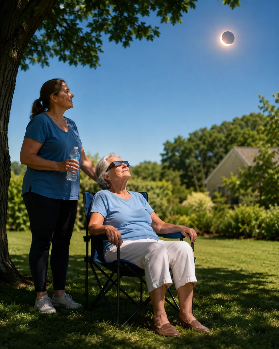 Older woman seated in shade wearing eclipse glasses while a caregiver stands nearby with water
