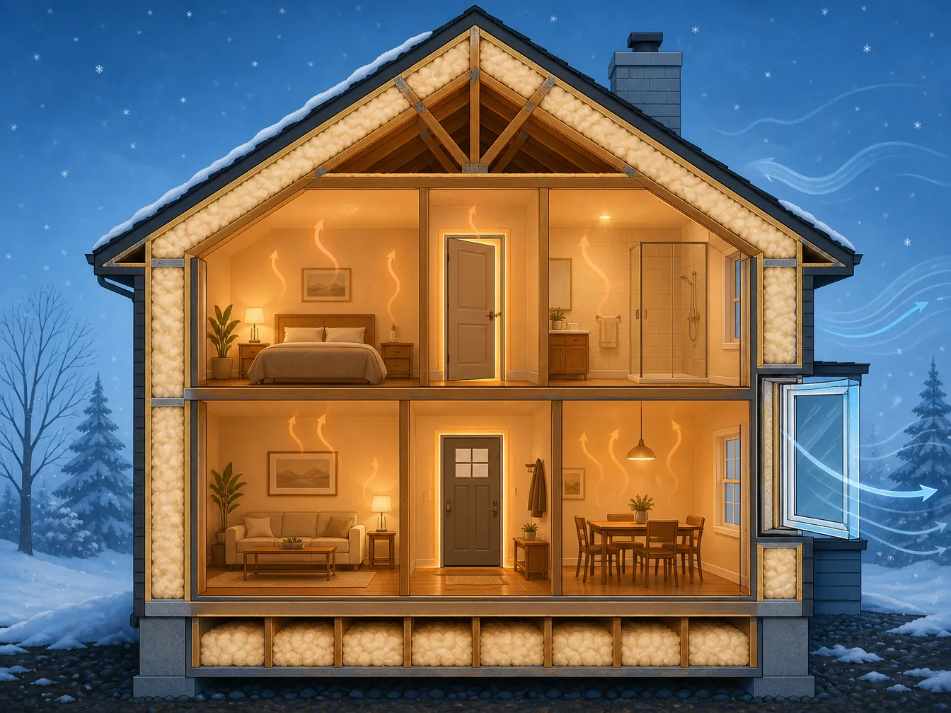 Cross-section of a weatherized house with insulation, sealed doors, and efficient windows