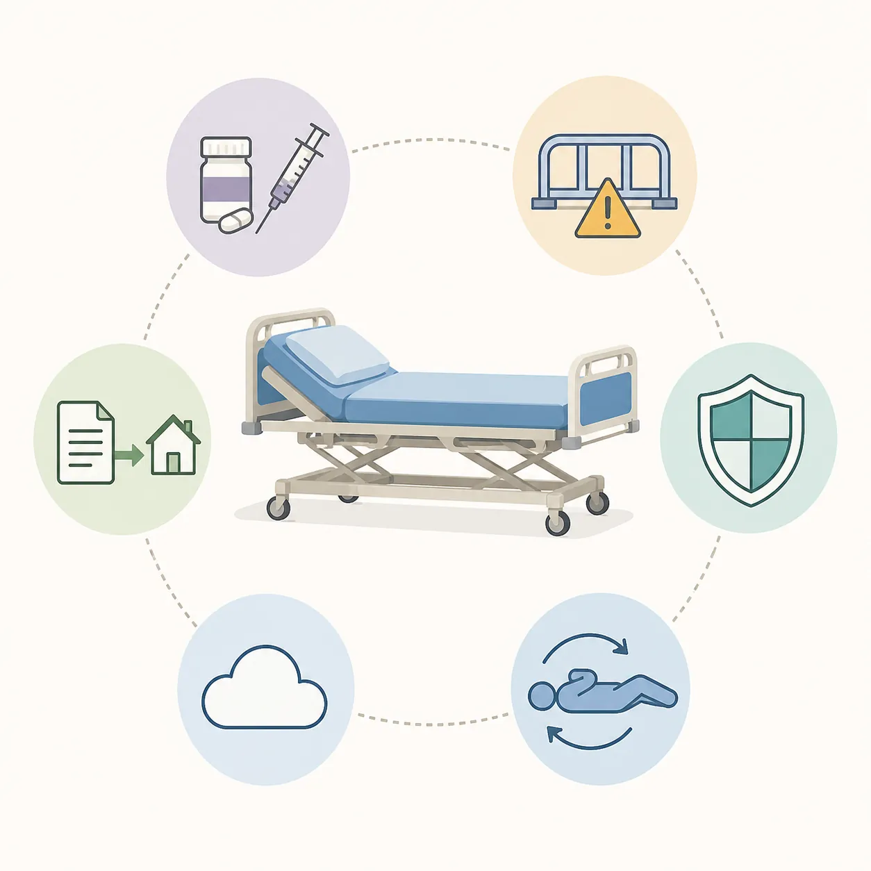 Illustration of a hospital bed surrounded by six icons for common bedside risks