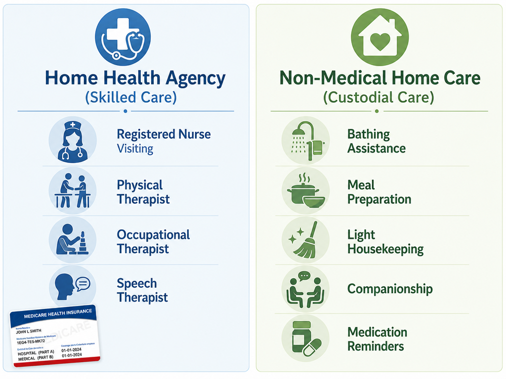 A two-section flat vector illustration: left section 'Home Health Agency (Skilled Care)' in cool blue with icons for a registered nurse, physical therapist, occupational therapist, and speech therapist plus a Medicare card icon; right section 'Non-Medical Home Care (Custodial Care)' in sage green with icons for bathing assistance, meal preparation, light housekeeping, companionship, and medication reminders.