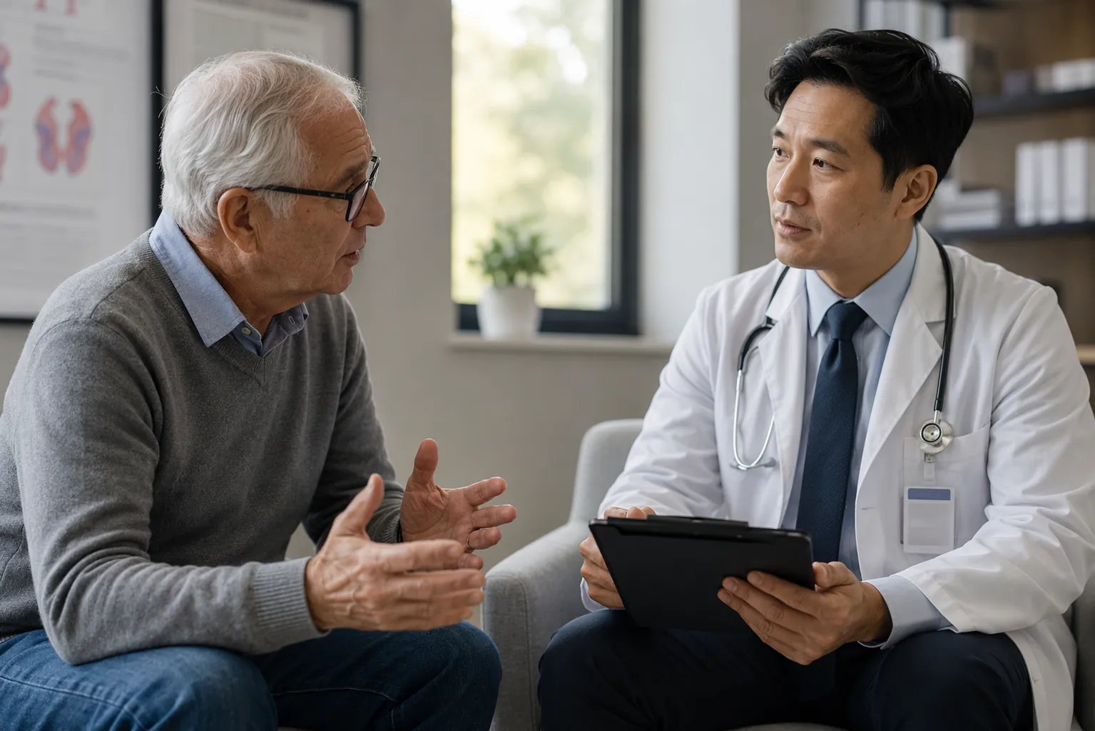 Older man discussing testosterone therapy with a doctor in a medical office