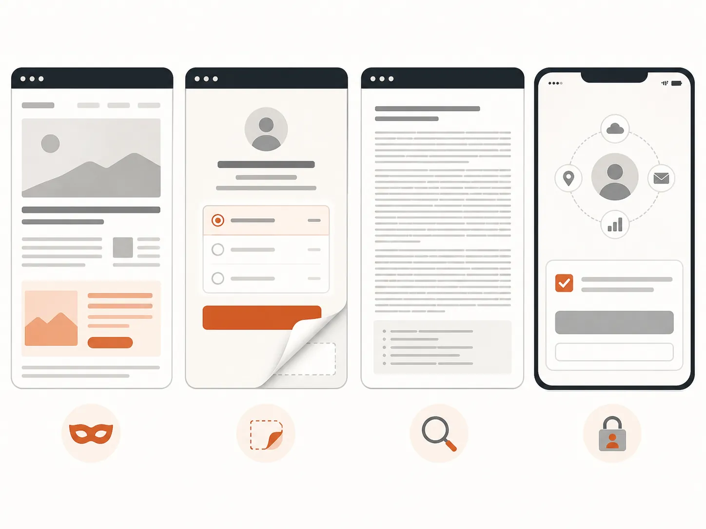 Illustration of four manipulative interface patterns including a disguised ad, hidden cancel button, fine print, and pre-ticked checkbox