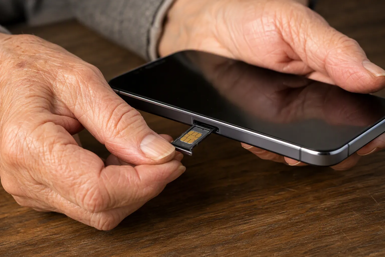 Older hands holding a phone with the SIM card tray partly open