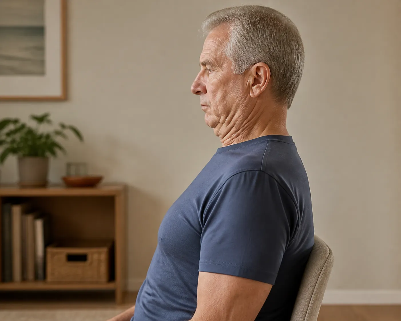 Older man seated upright performing a gentle chin tuck exercise