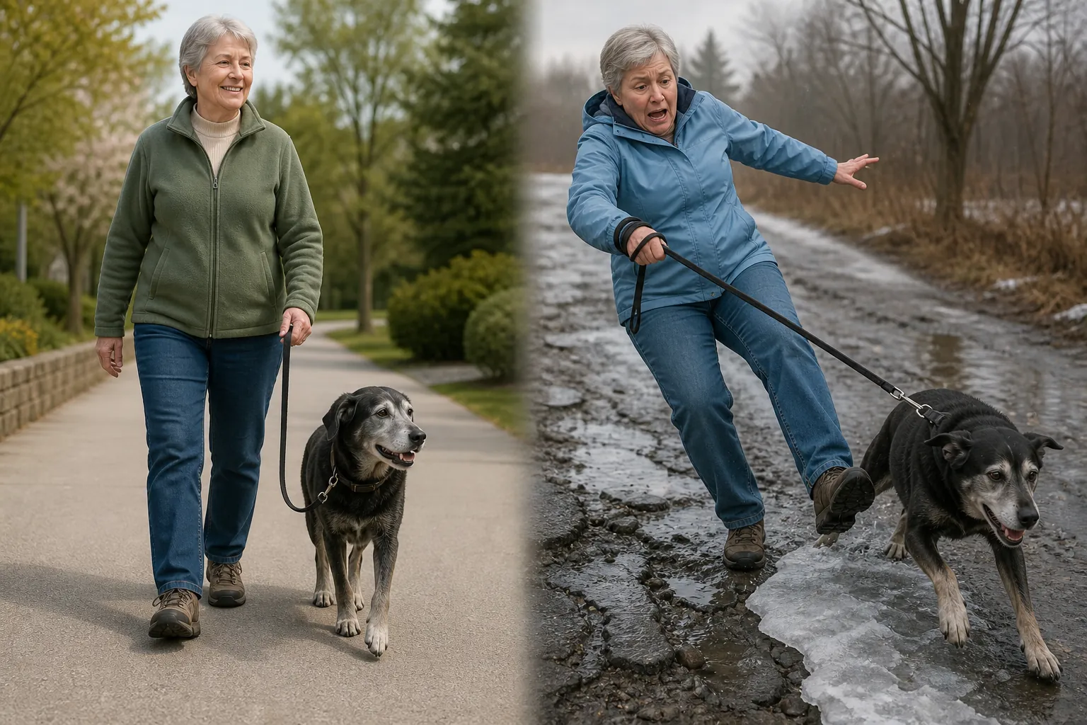 Split illustration comparing safe loose-leash dog walking on dry pavement with risky dog walking on wet cracked icy ground