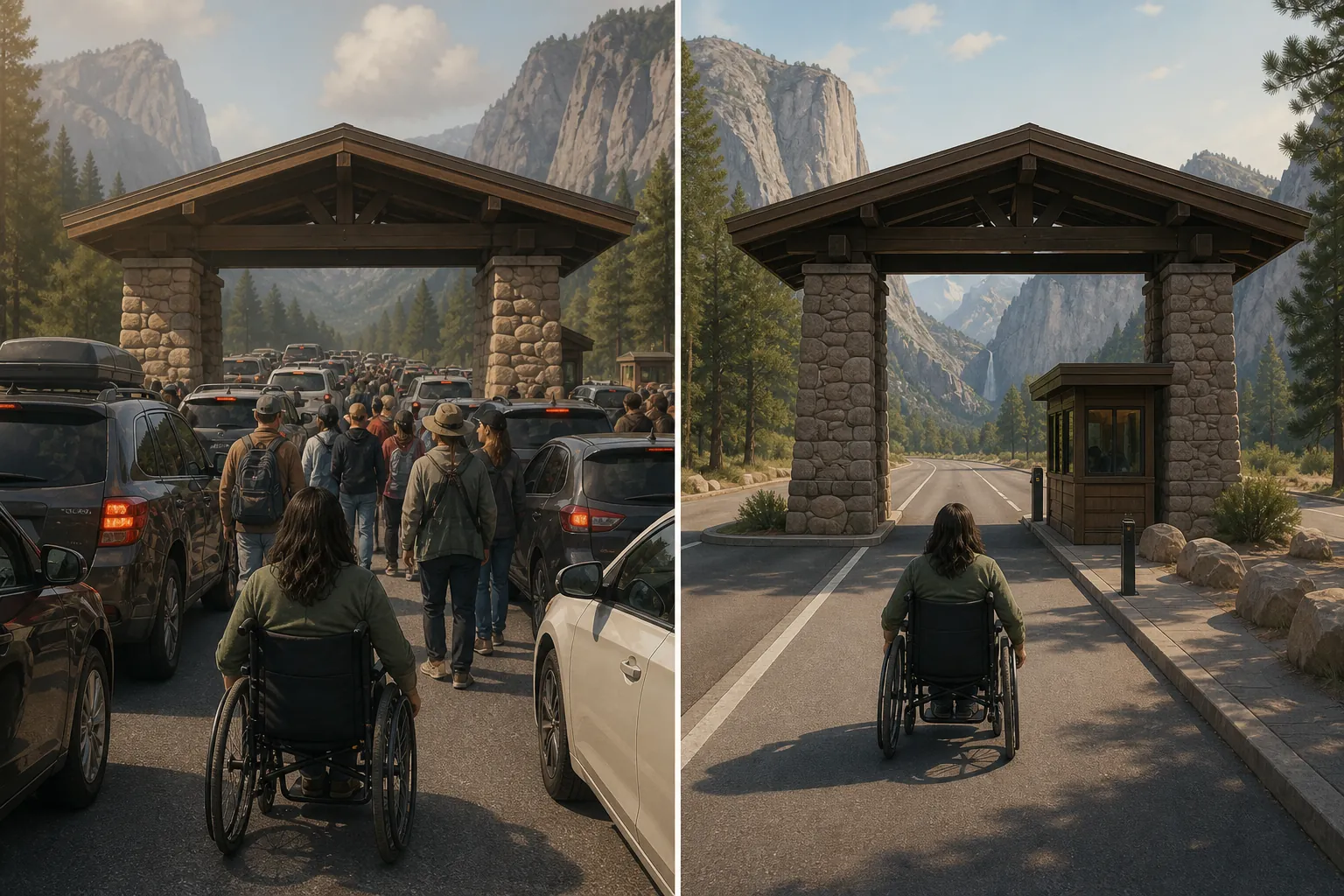 Comparison of a crowded free-admission park entrance and a calmer pass-based entry experience