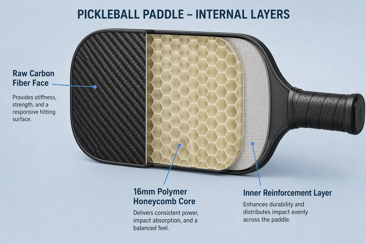 Cutaway diagram of a pickleball paddle with raw carbon face and 16mm polymer honeycomb core