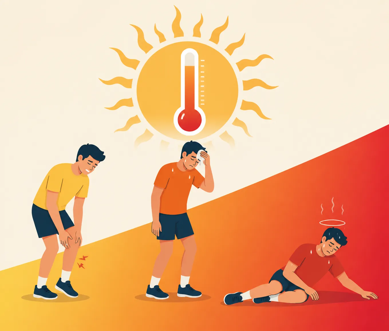 Illustration showing heat illness escalating from muscle cramps to sweating exhaustion to collapse