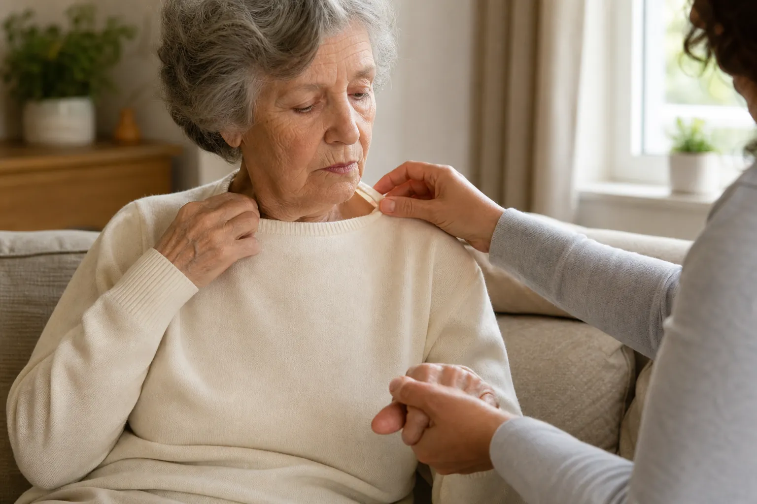 Caregiver adjusting an elderly woman's collar while checking her hand warmth during dressing