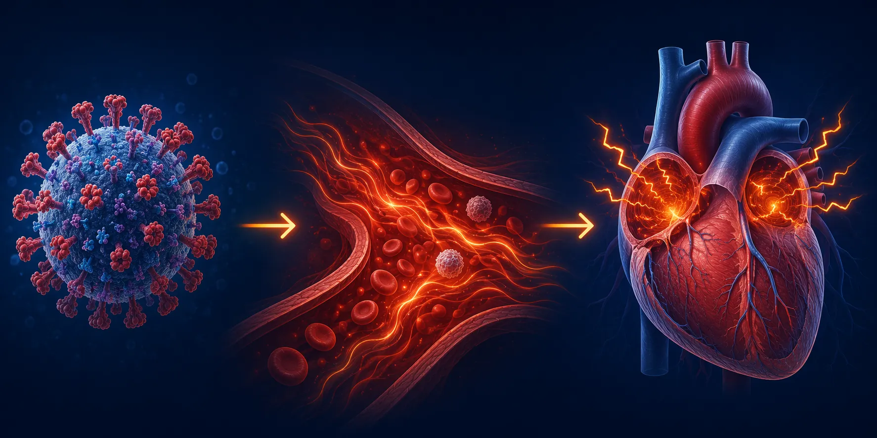 Medical illustration of influenza inflammation leading toward a heart with atrial electrical signals