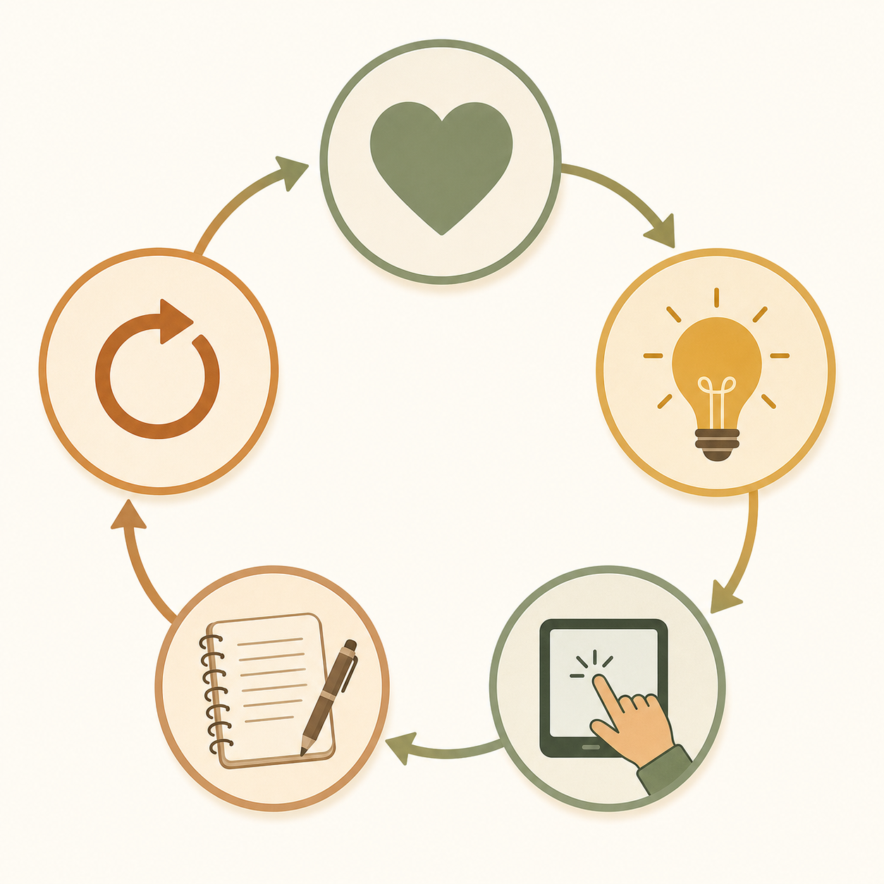 A clean flat-vector illustration showing five connected nodes in a gentle circular flow, each containing an icon representing a step in the teaching framework.