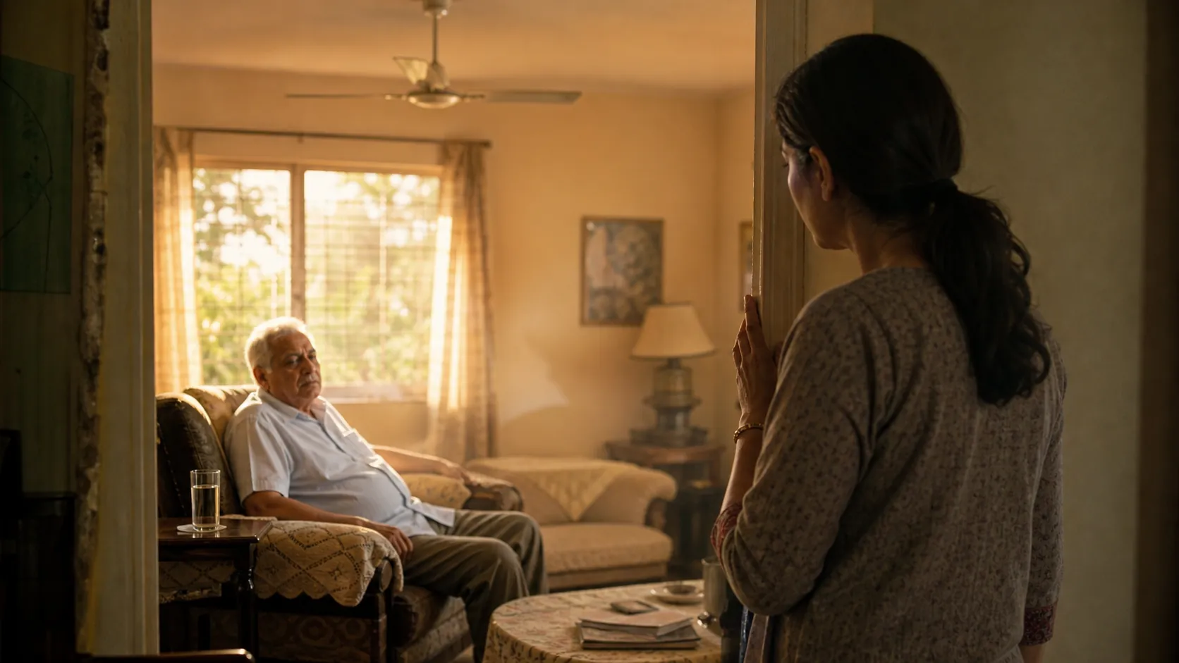 Older man sitting dazed on a sofa in a warm sunlit room while an adult daughter watches with concern