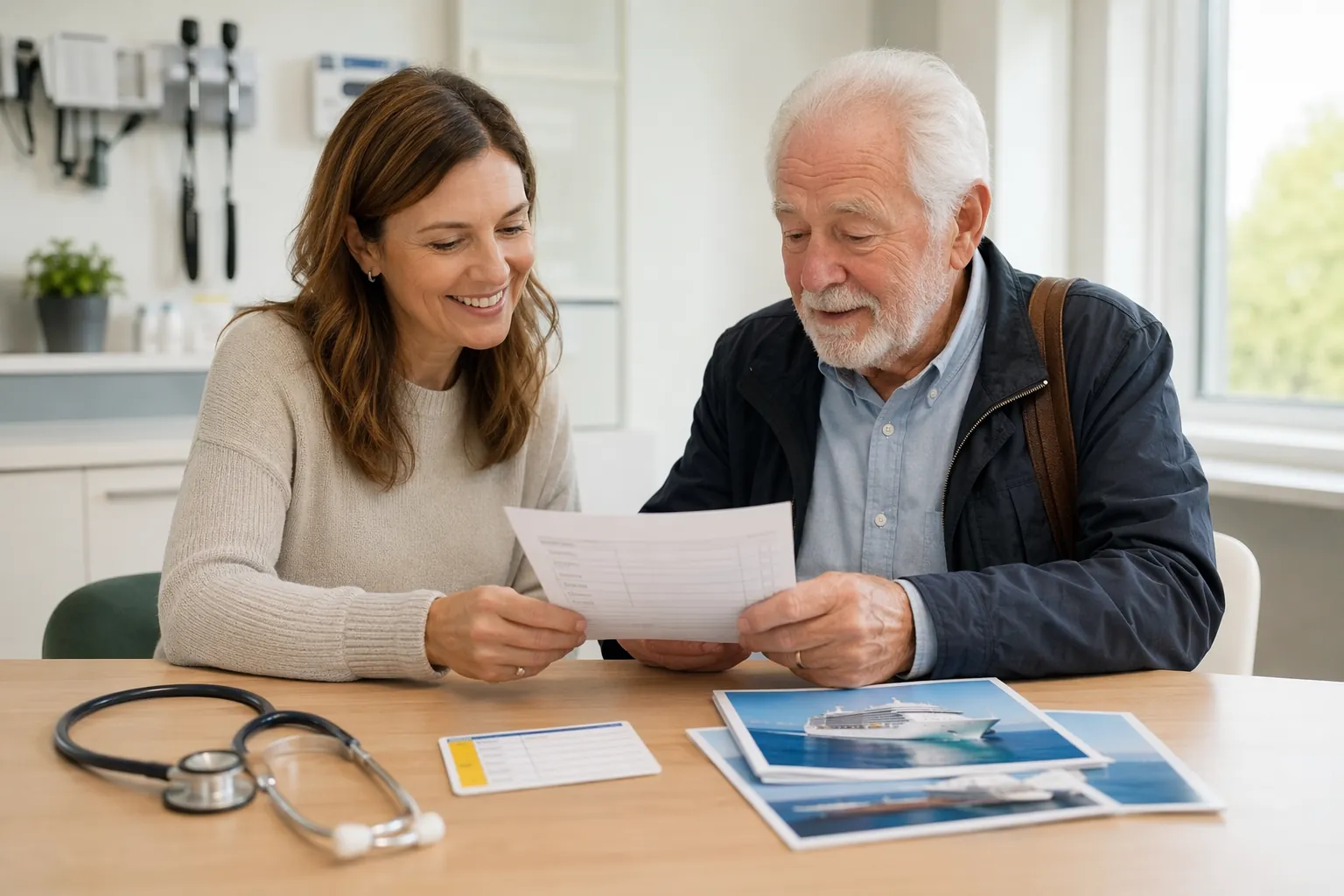 Adult daughter and elderly father reviewing a travel health checklist in a doctor's office