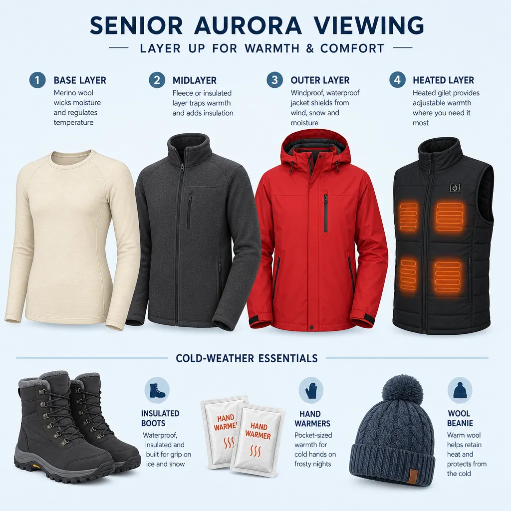 Merino base layer, insulated midlayer, windproof jacket, heated gilet, boots, hand warmers, and winter hat arranged as a clothing system