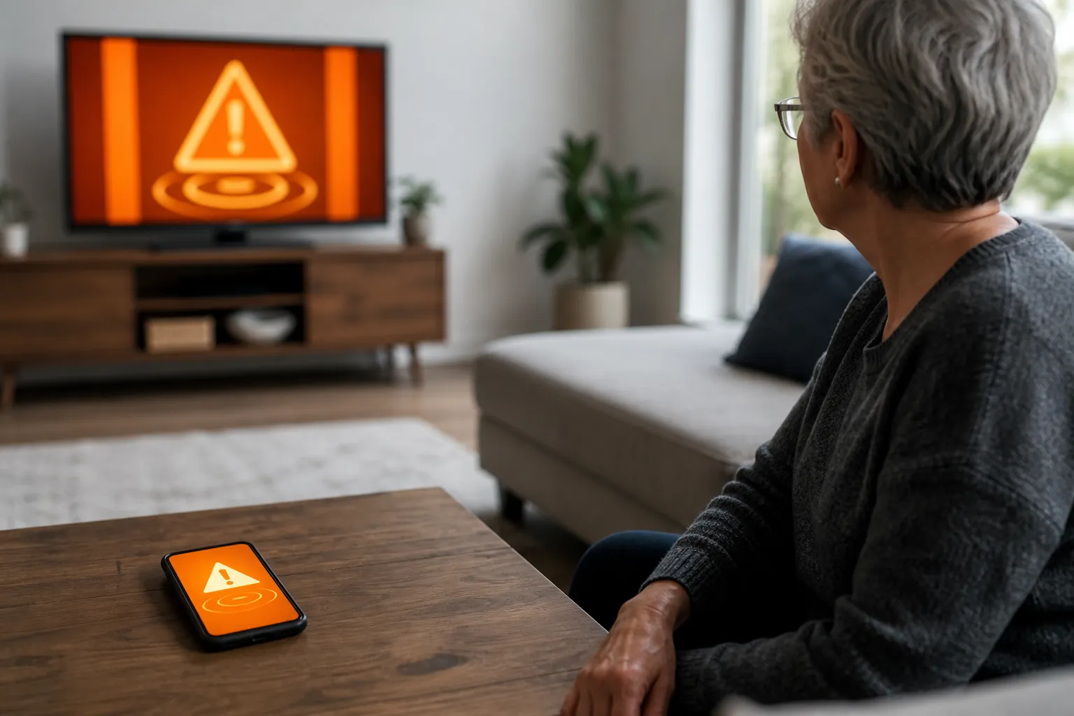 A smartphone on a coffee table lighting up with an earthquake early-warning alert while an older adult turns toward it