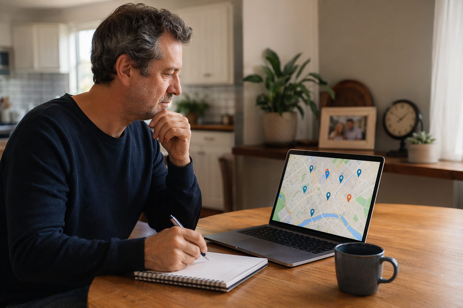 Adult child researching local home care providers at a kitchen table with a laptop map and notes