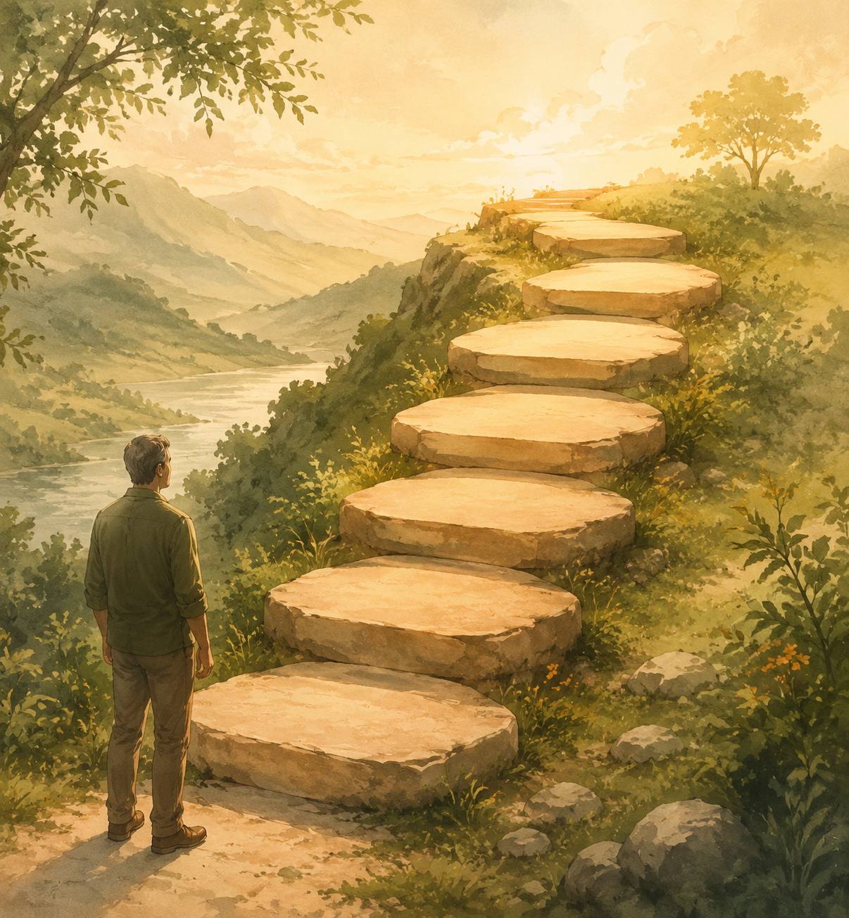 A winding path of seven connected stepping stones with a caregiver standing at the first stone