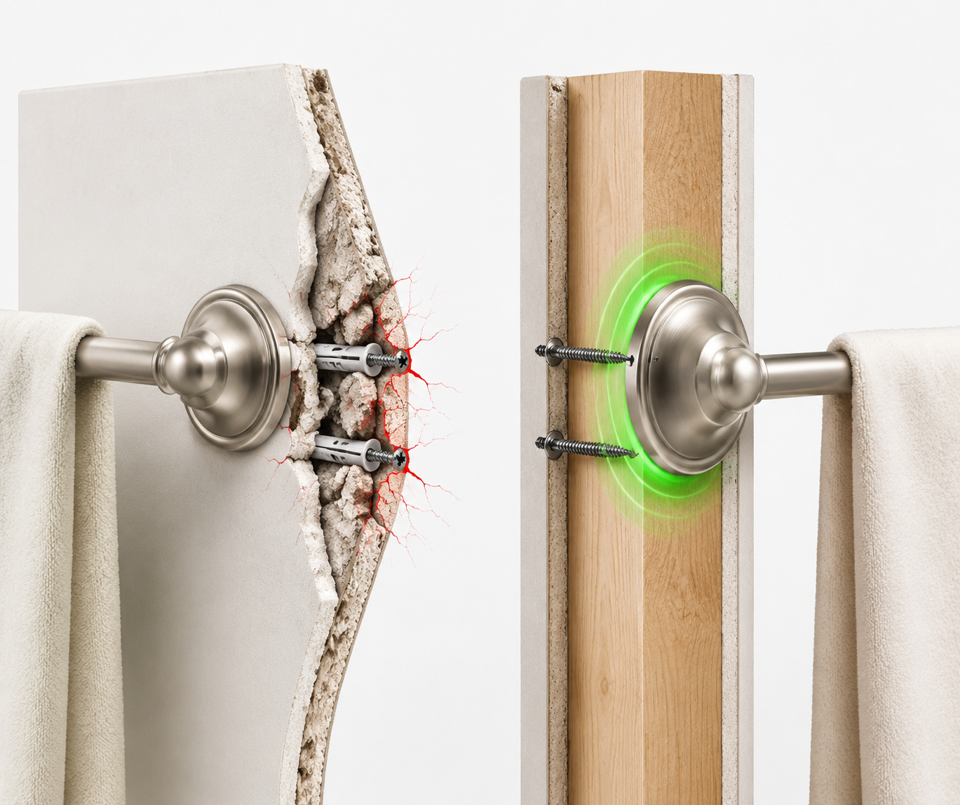Comparison of a towel bar mounted in drywall versus a grab bar anchored into a wall stud