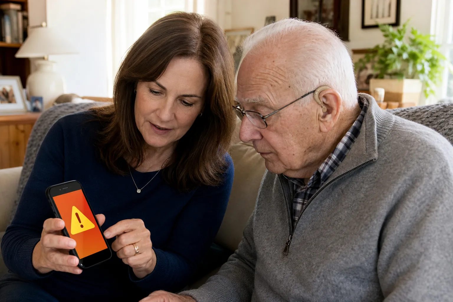 An adult daughter and older father checking whether a smartphone earthquake alert can be seen and heard