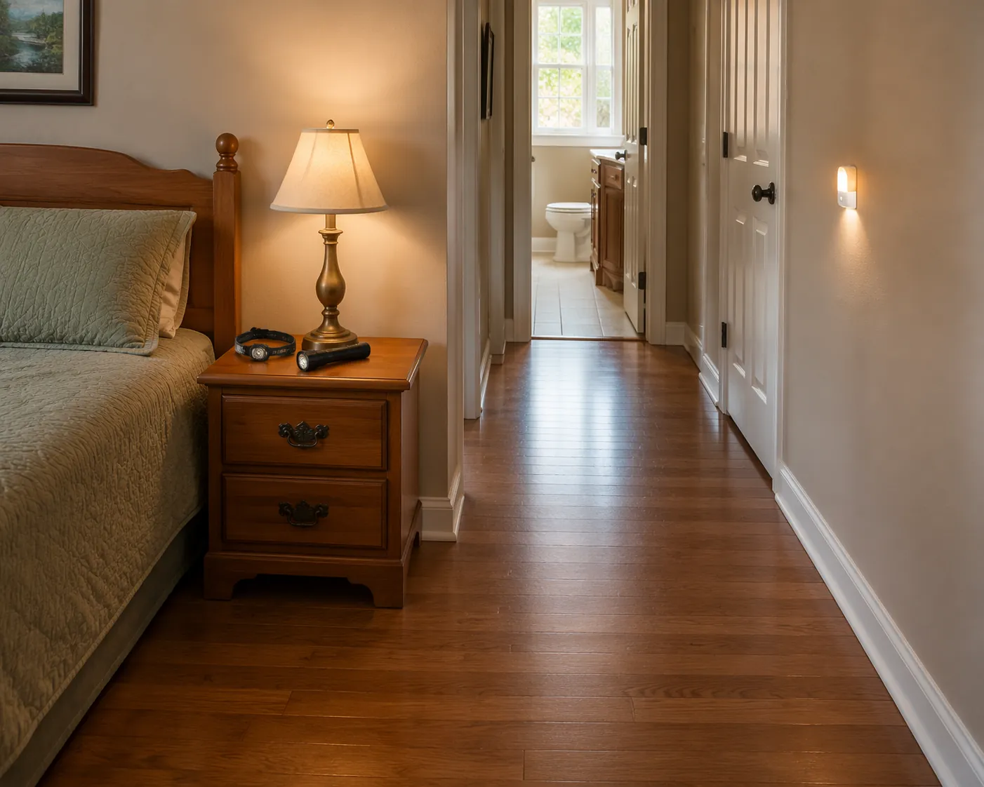 Prepared bedroom before a storm with a headlamp and flashlight on the nightstand, clear floor, and battery motion light near the hallway