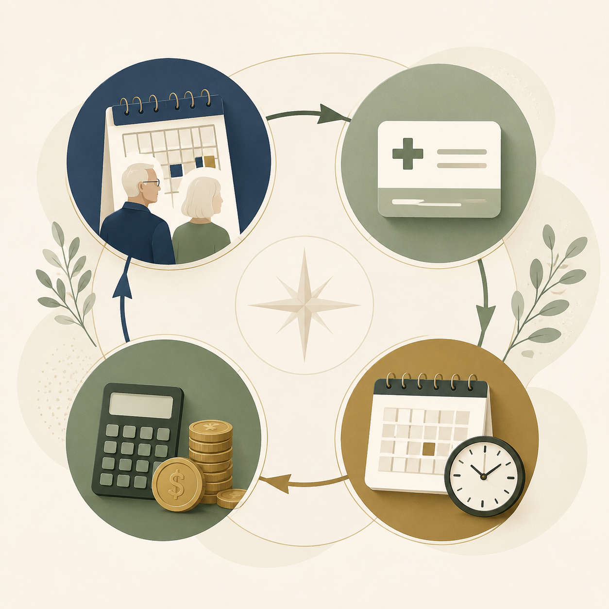 Illustration of Social Security, Medicare, income budgeting, and retirement timing as connected decisions