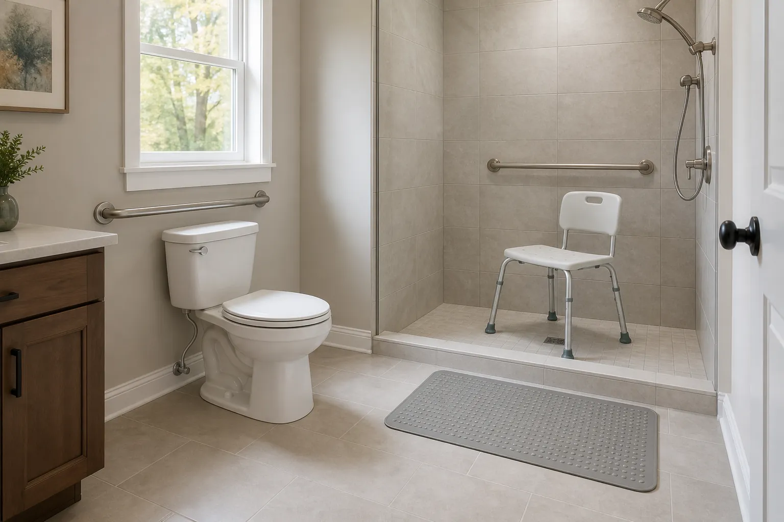 Bathroom modified with grab bars, shower chair, non-slip mat, and clear floor space