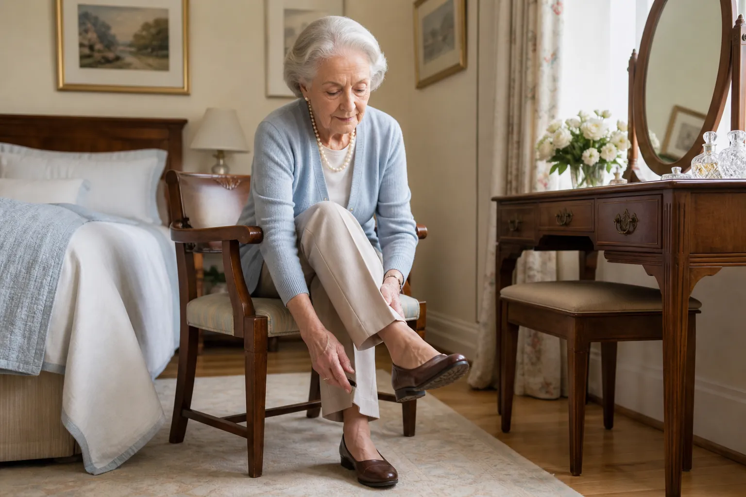 Elegant woman in her early 90s seated on a sturdy chair while putting on a polished flat shoe