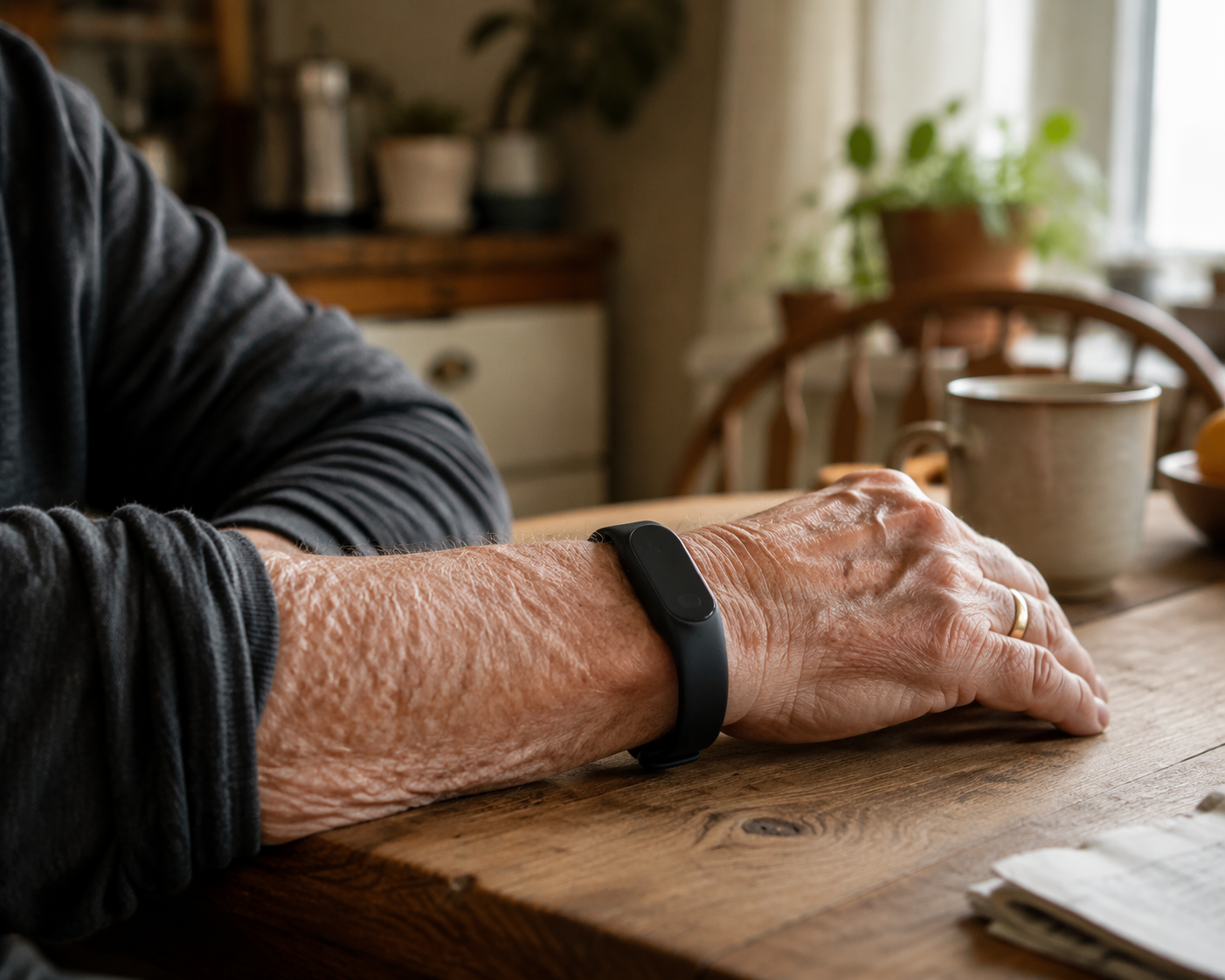 Older adult wearing a simple smart band while resting a hand on a kitchen table