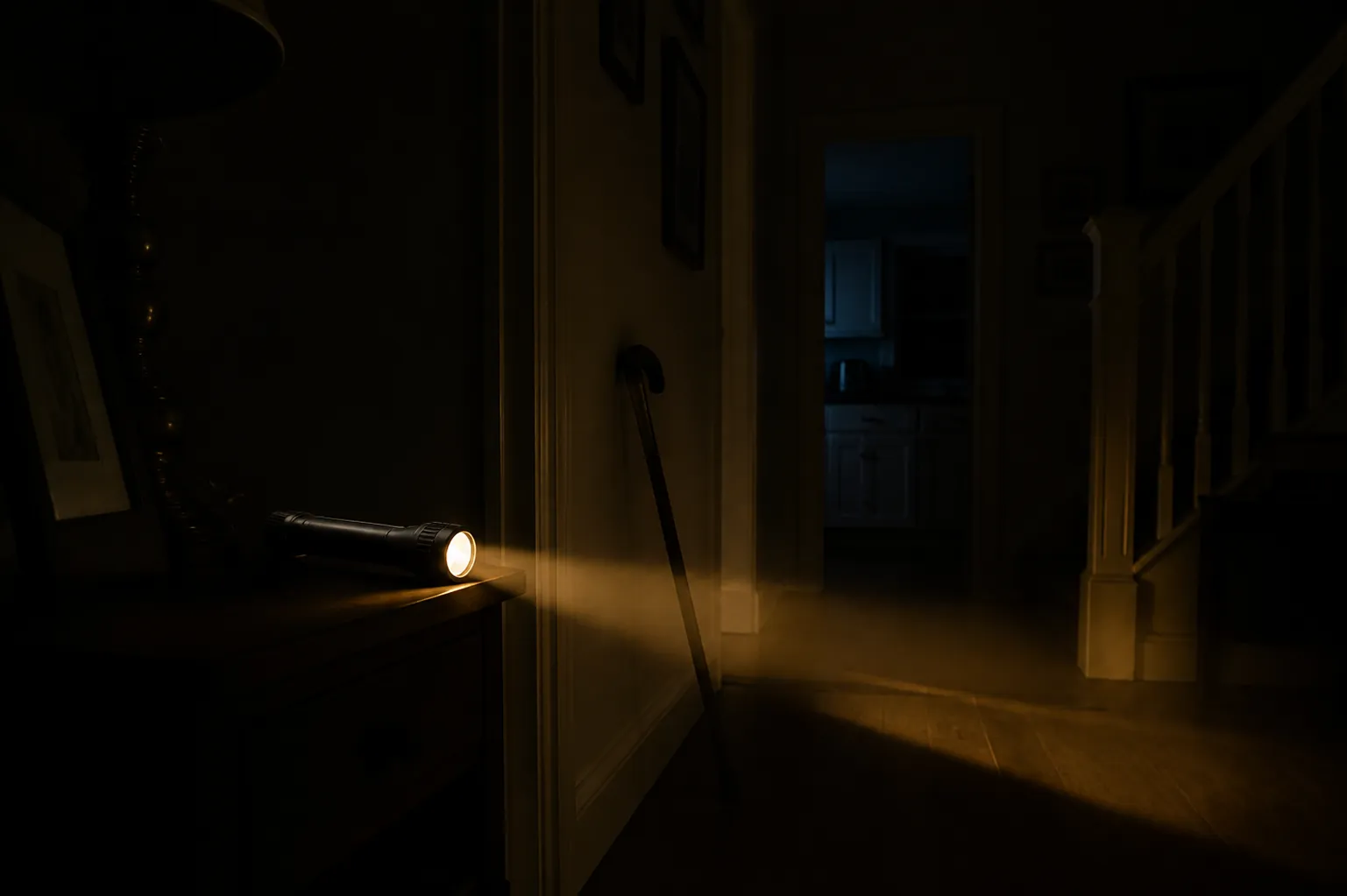 Dim hallway during a power outage with a cane near a doorway and a flashlight beam showing the walking path