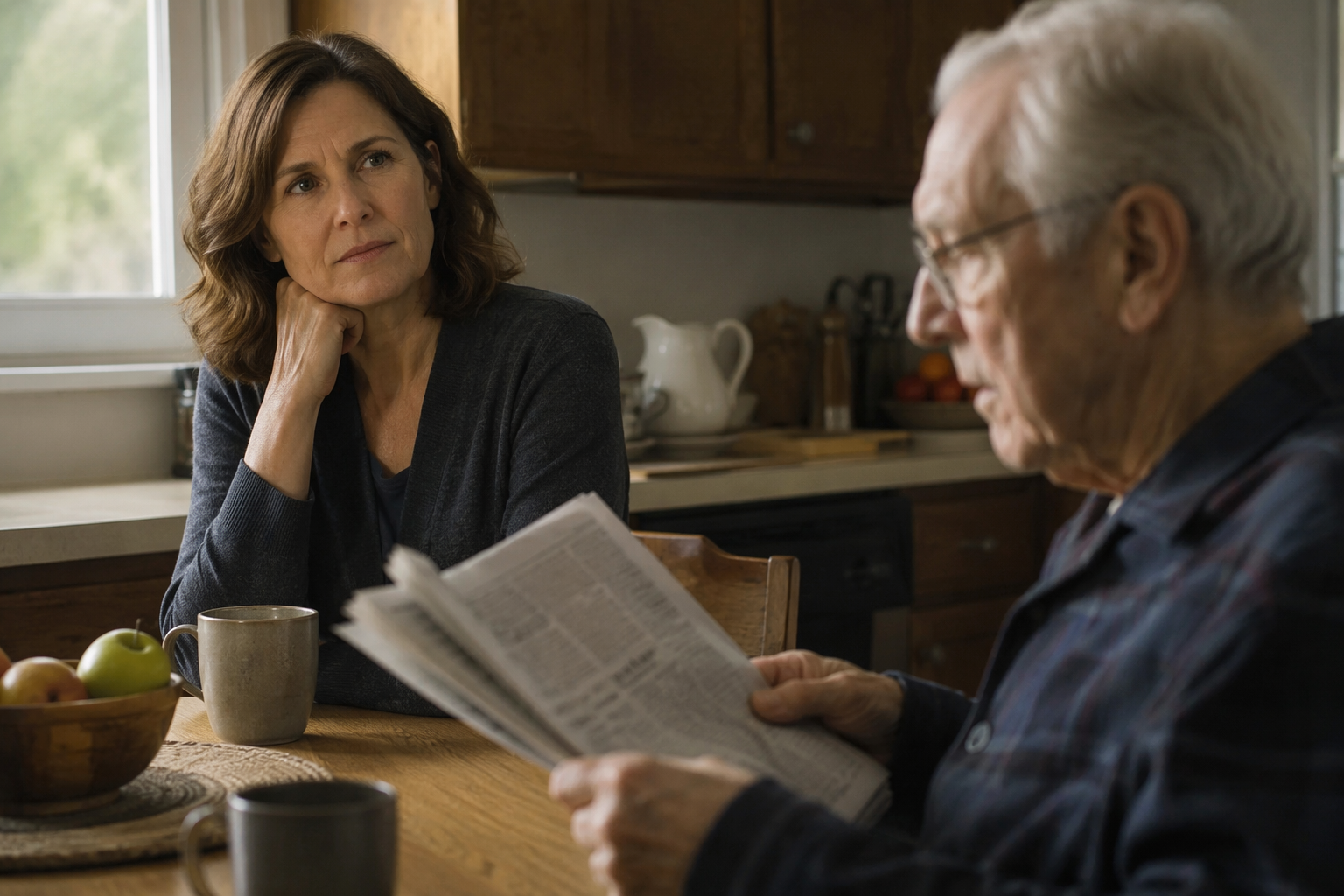 A middle-aged woman watches an elderly man reading a newspaper at a kitchen table