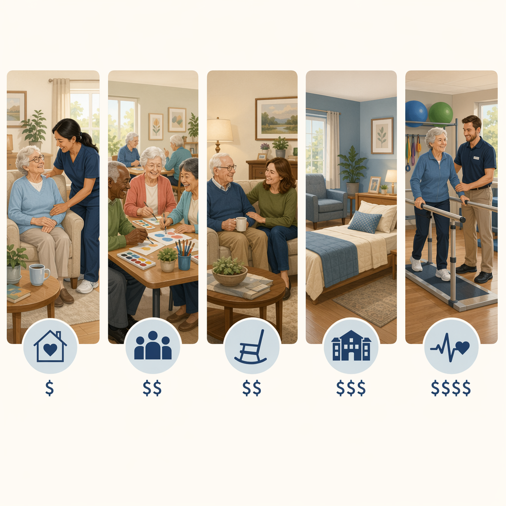 A flat-lay illustration of five short-term care options with cost indicators ranging from $ to $$$$.