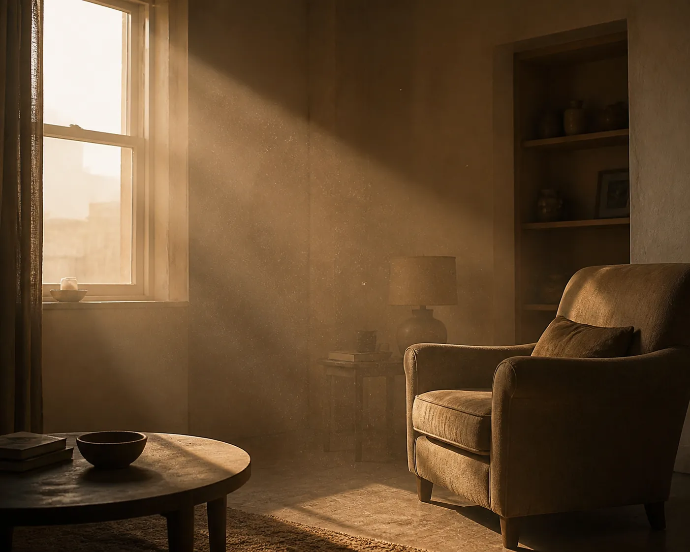 A living room after a dust storm with pale brown haze and fine dust visible in sunlight