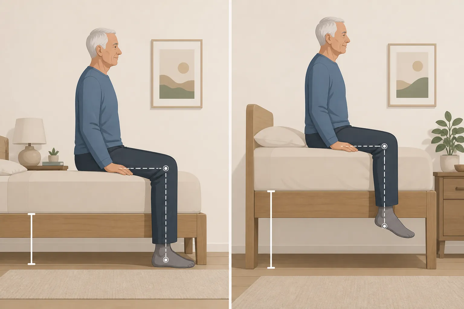 Side-profile comparison of correct and too-tall bed heights for an older adult
