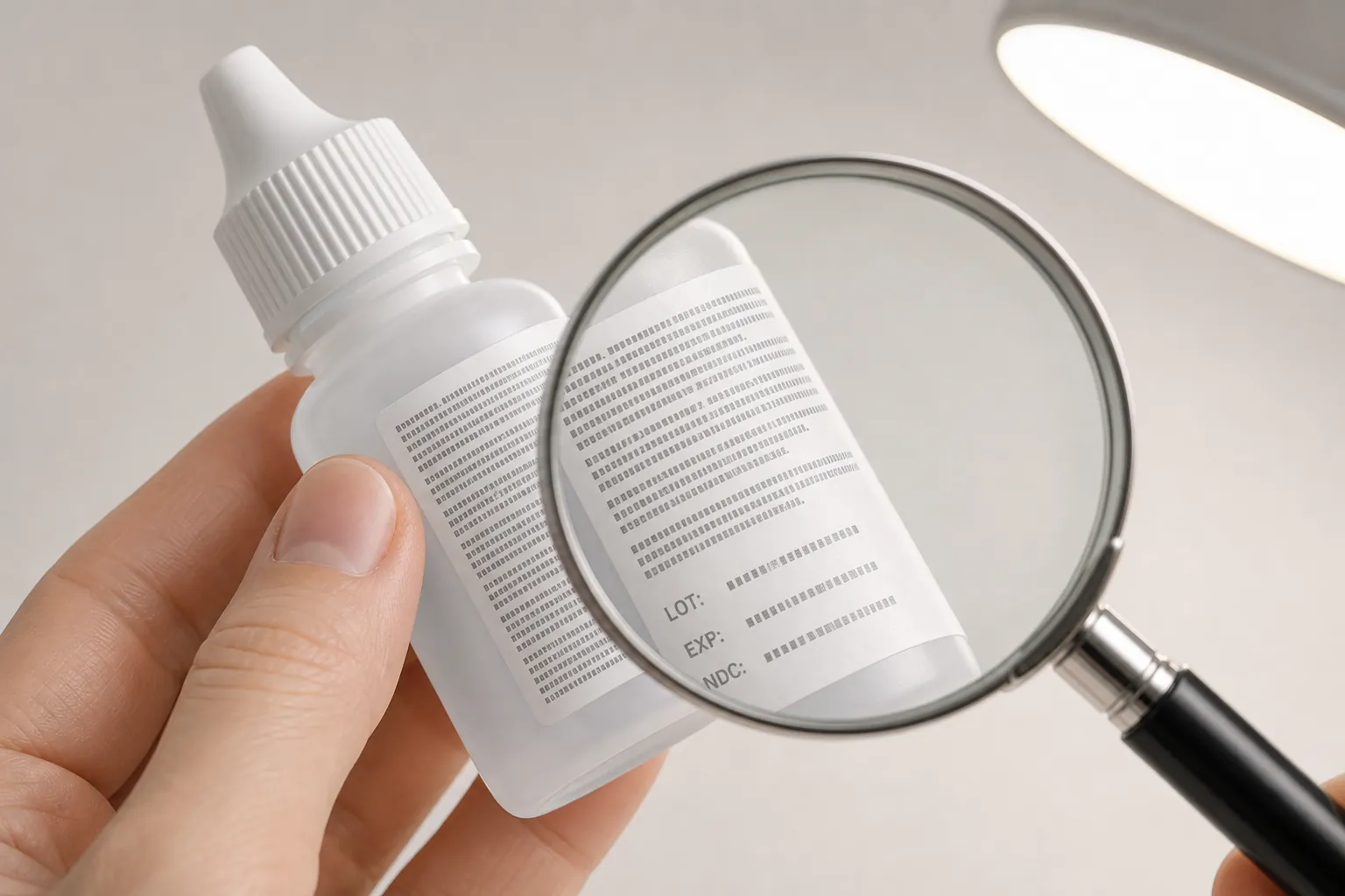 Close-up of a generic eye drop bottle label being checked with a magnifying glass under a lamp