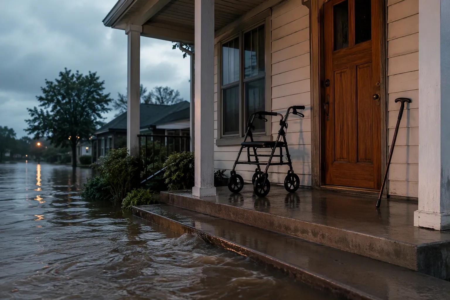 Floodwater rising over a porch step with a rollator walker and cane by the front door