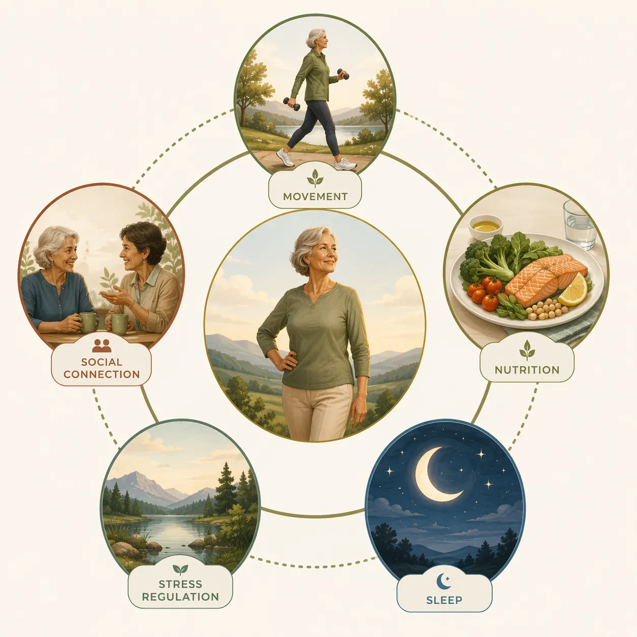 Infographic showing movement, nutrition, sleep, stress regulation, and social connection around a confident older adult