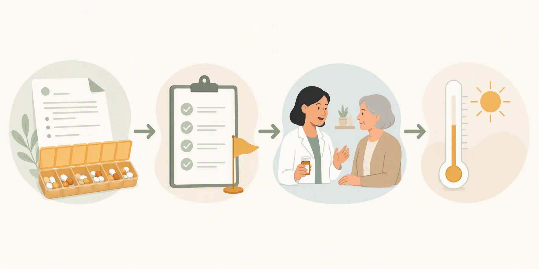 Four-step medication review flow with medication list, checklist, pharmacist conversation, and heat alert