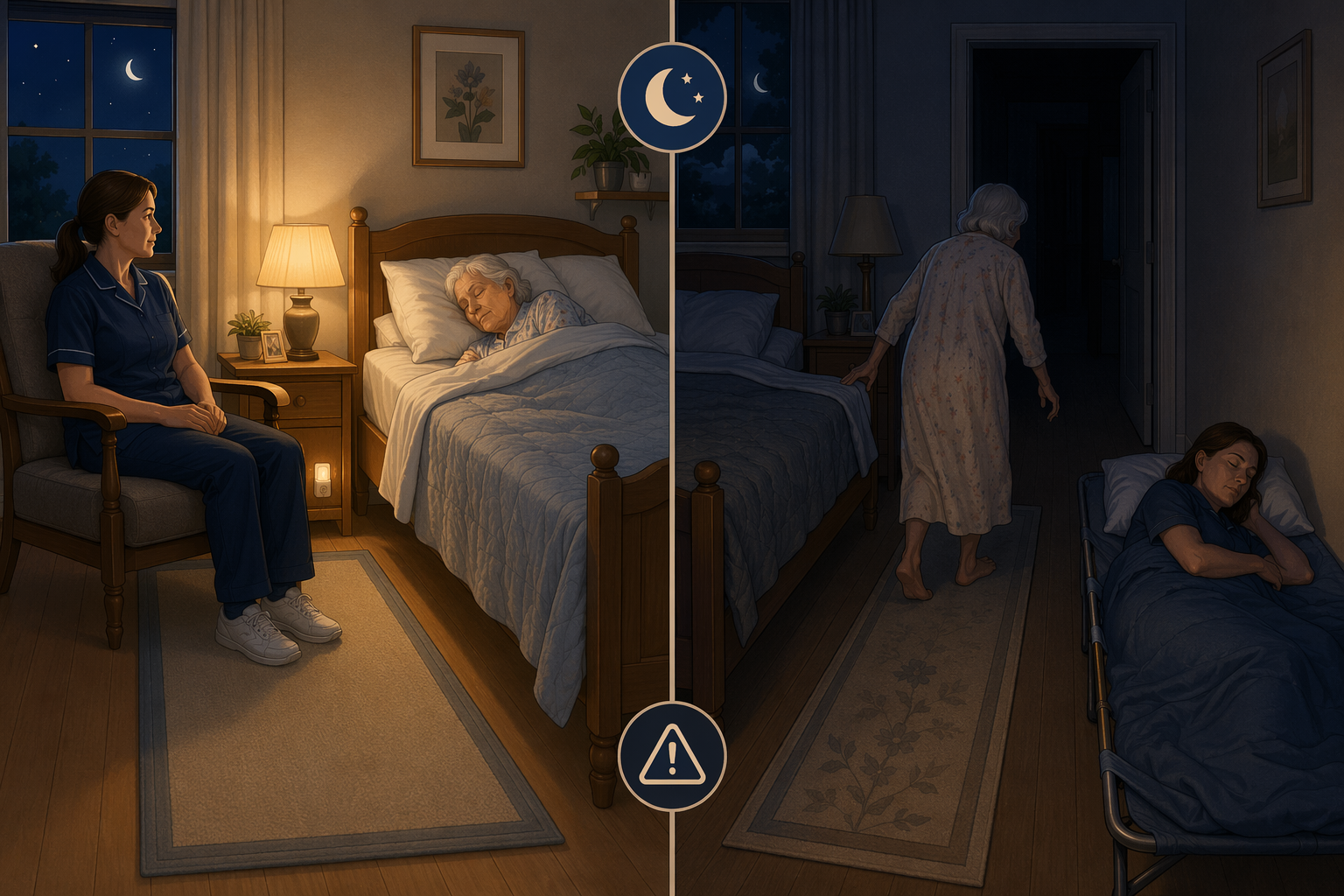 Split illustration: left side shows a well-lit bedroom with an alert caregiver sitting beside a sleeping elderly person; right side shows a darker room with a caregiver asleep on a cot while an elderly person gets up unsteadily toward a dark hallway.
