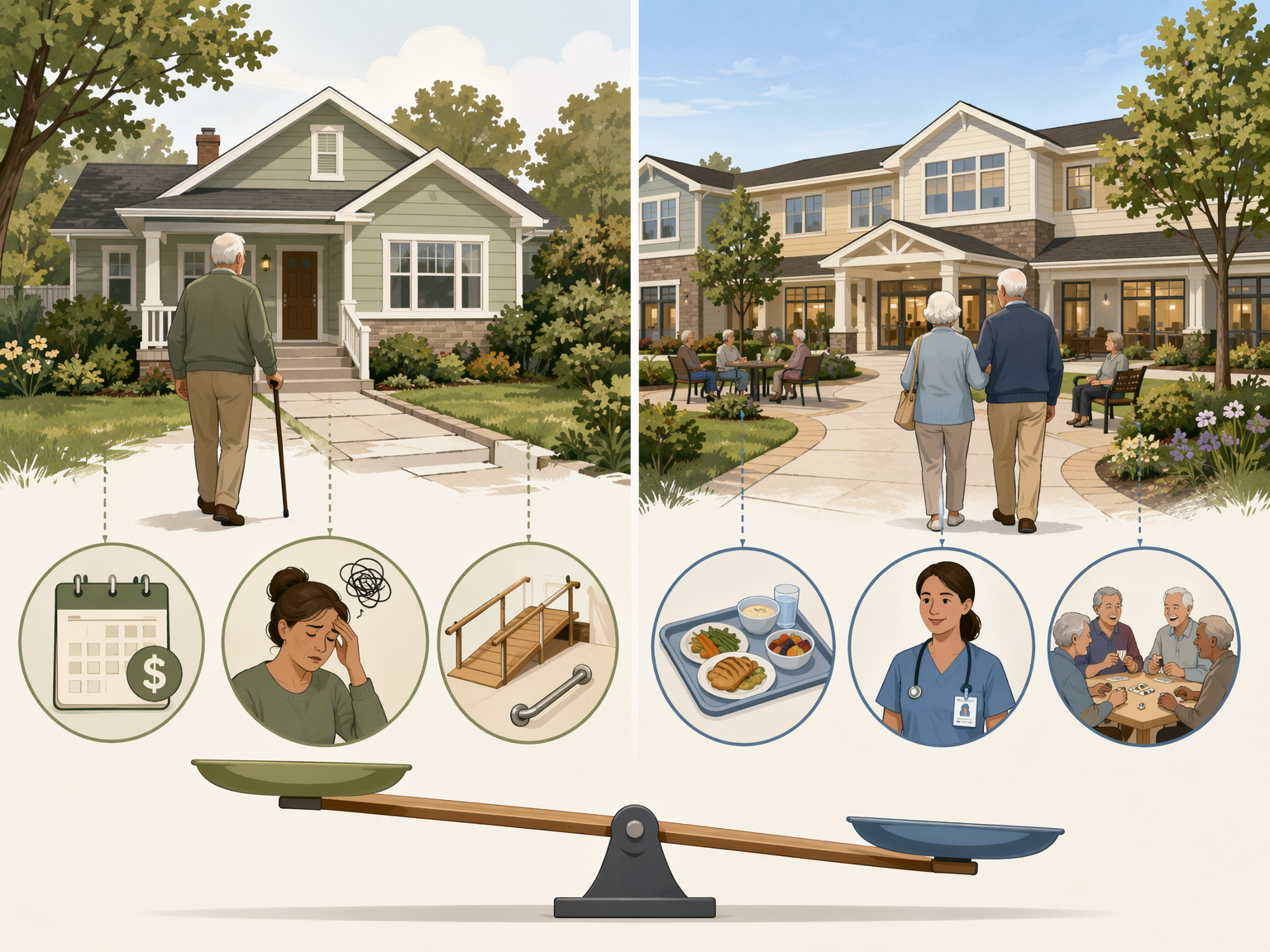 A side-by-side comparison illustration in warm earth tones. Left side shows a house with symbolic icons: a calendar with a dollar sign for missed work wages, a stressed figure for caregiver burden, and scattered home modification elements. Right side shows a safe community building with icons for meals, nursing care, and social activities. A balance scale below tilts slightly toward the right.
