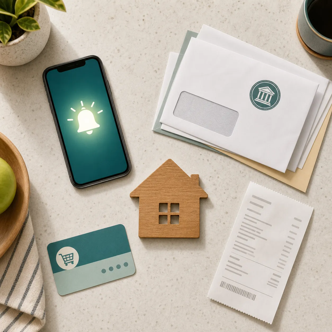 Kitchen counter with a smartphone notification, official mail envelopes, a grocery loyalty card, a receipt, and a small house icon