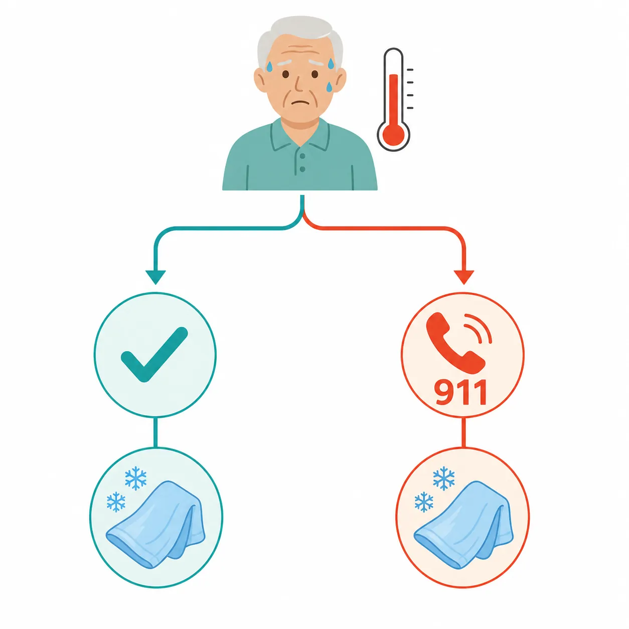 Decision path showing cooling at home versus calling 911 during a heat emergency