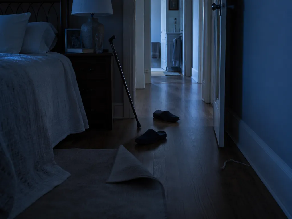 Senior bedroom path with curled rug edge, slippers, cane, and cord near the route to the bathroom