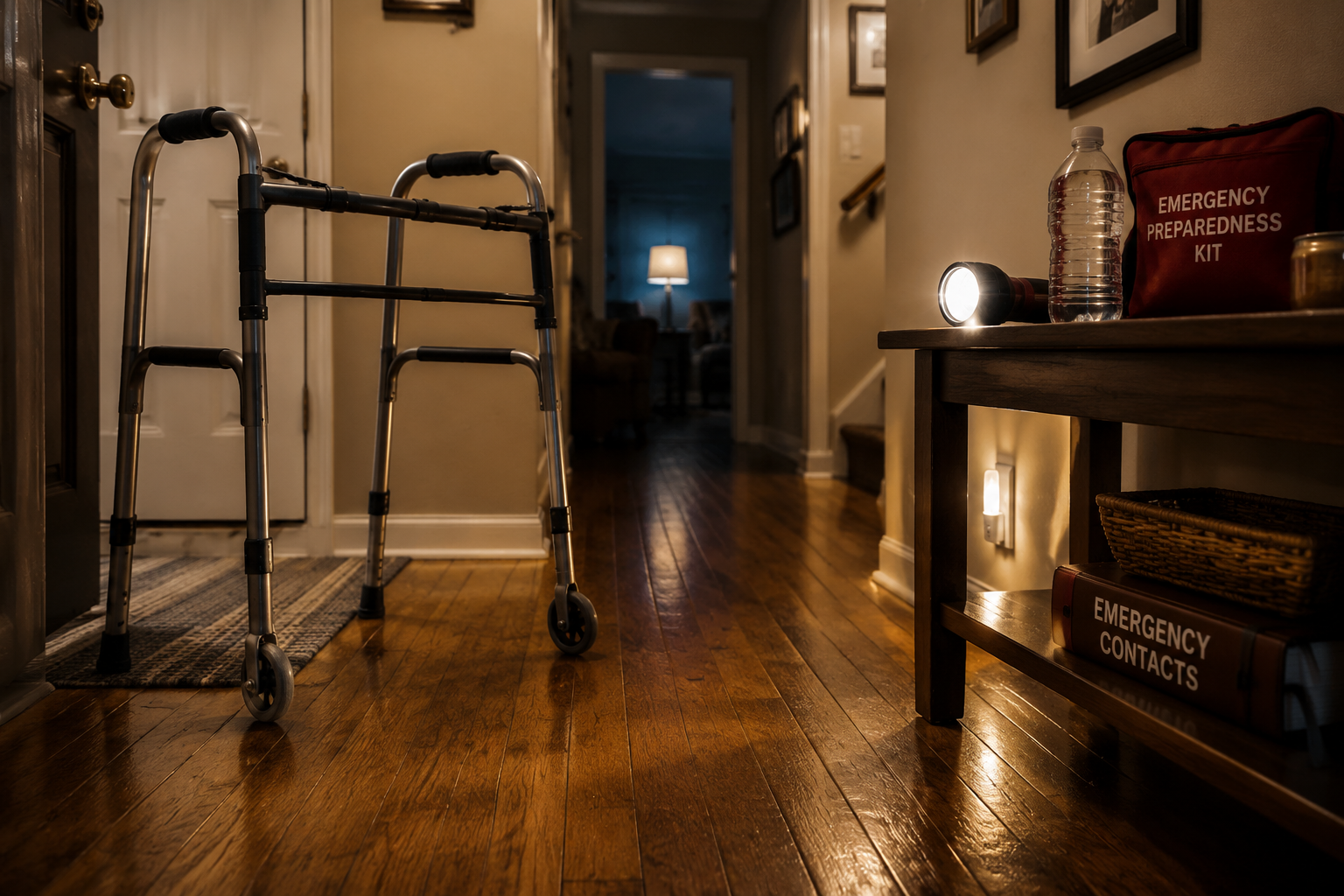 Dimly lit home entryway with a walker near a doorway, flashlight and emergency supplies on a side table, and worn hardwood floors