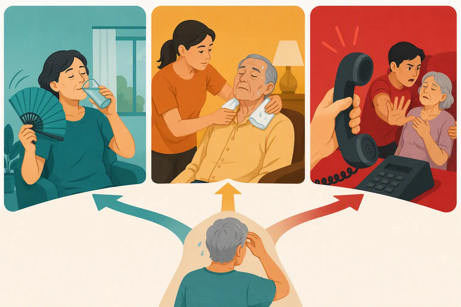 Illustration of a three-branch heat wave decision path for cooling, heat exhaustion care, and emergency response