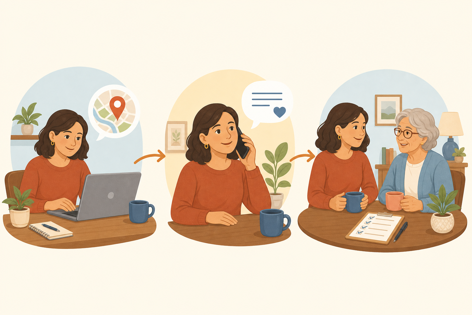 A three-step process illustration showing a person at a laptop finding their AAA, making a phone call, and meeting with an older adult over tea with a checklist.